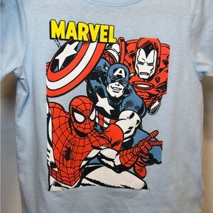 Boys Marvel Light Blue Tee with Red, Navy & Yellow Superhero Print